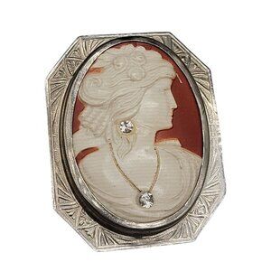 Art Deco Cameo Brooch Etched Tin Frame Celluloid Red & White Lady Rhinestone VTG